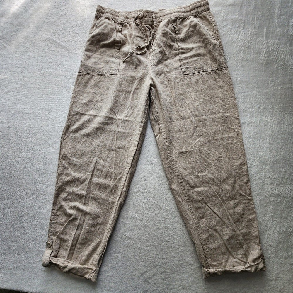 Linen Cotton Pants Womens XL Beige Elastic Waist Drawstring Vacation Natural
